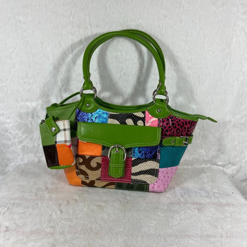 Fashion Handbag Multi Color Block style Bright Green Trim Jacquard